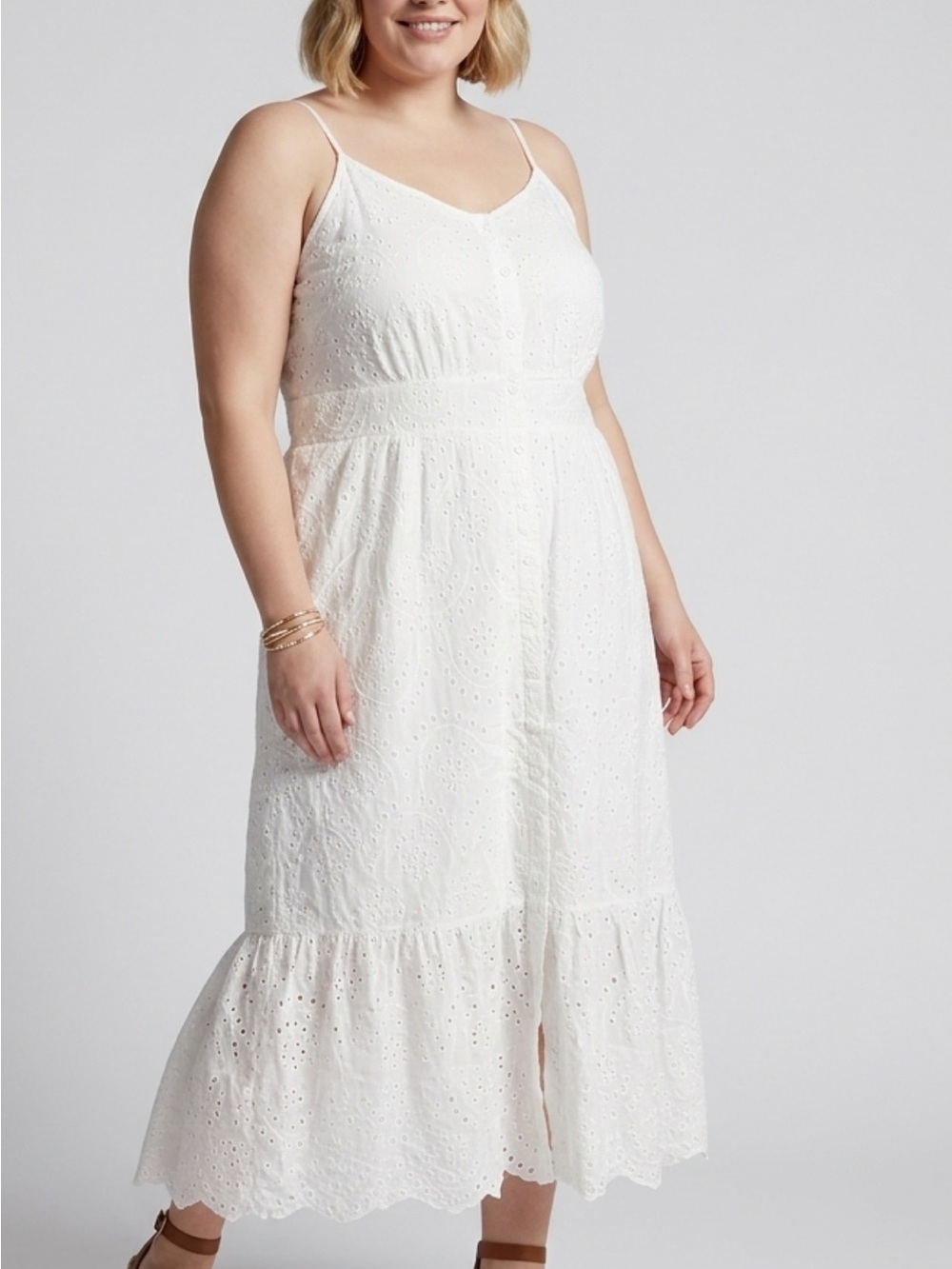 Plus-Size White Eyelet Maxi Dress with Spaghetti Straps